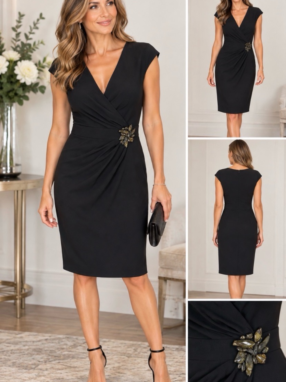 Joseph Ribkoff Black Ruched Embellished V-Neck Cocktail Sheath Dress